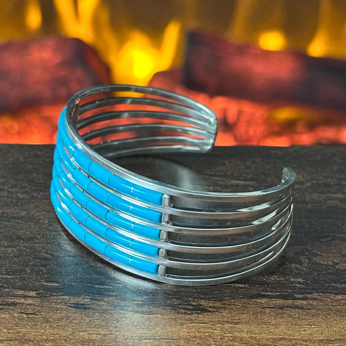 Zuni Anson & Leticia Wallace Turquoise 40 Stone Sterling 6 Shank Inlay Cuff