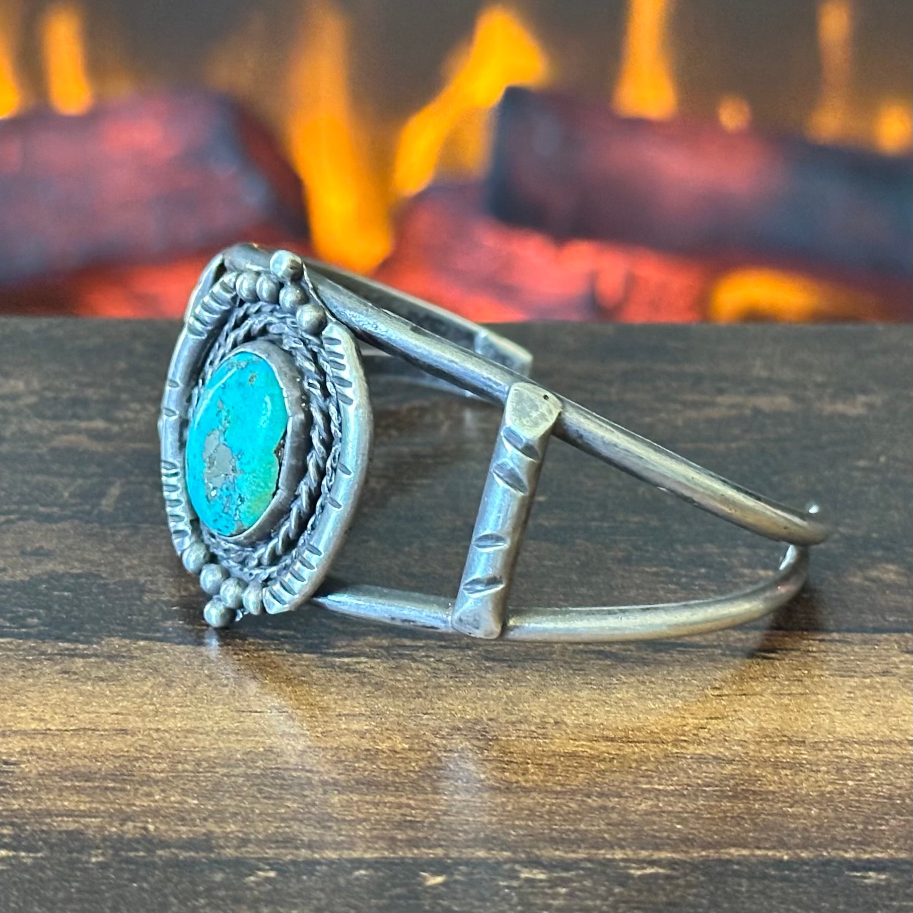 Turquoise Sterling Dual Twist Wire Bezel Hand Stamped Raindrop Cuff