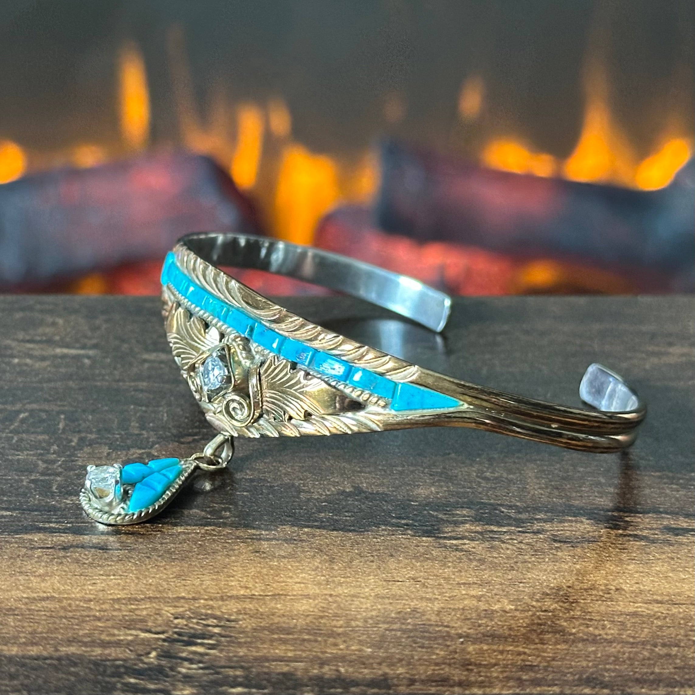 Silver Ray Turquoise Gold Over Sterling Ornate Inlay Cuff