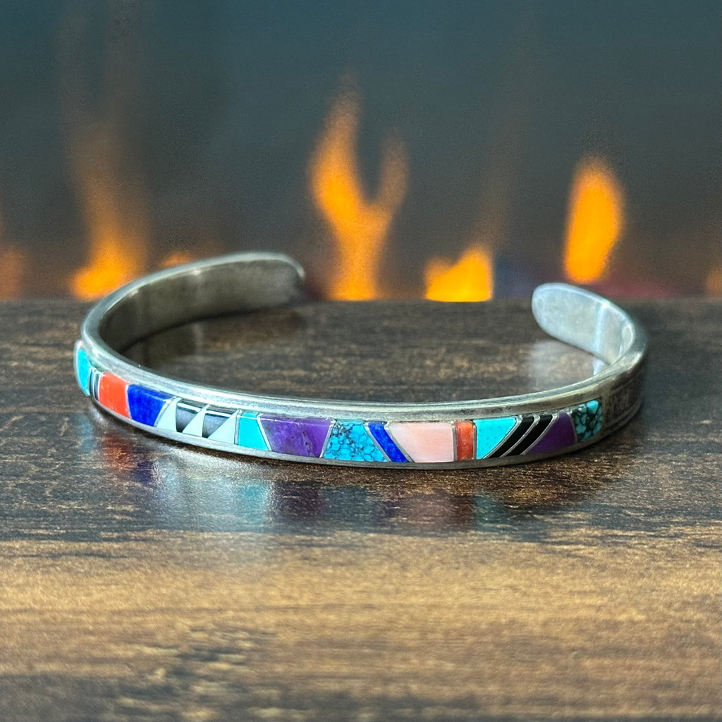 Signed Turquoise Charoite Red Coral Lapis Pink Conch Onyx Sterling Inlay Stacker Cuff