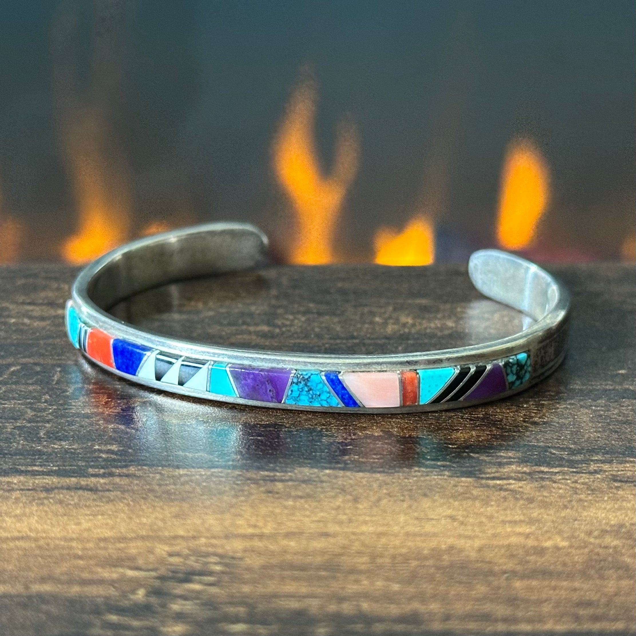 Signed Turquoise Charoite Red Coral Lapis Pink Conch Onyx Sterling Inlay Stacker Cuff