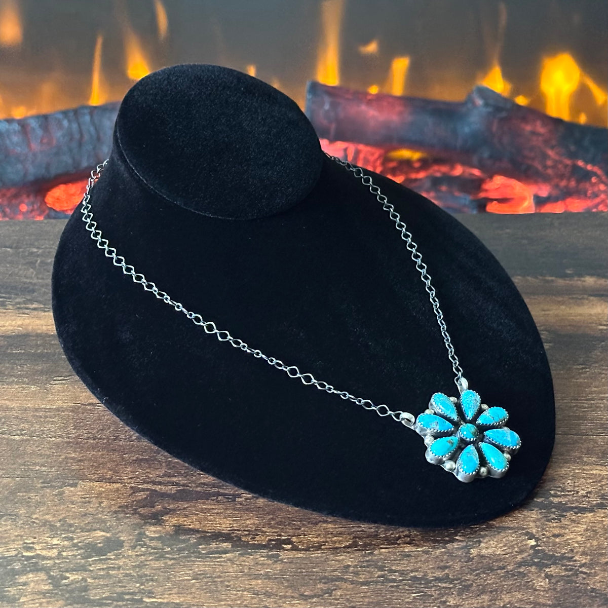 Navajo Tricia Smith Turquoise 9 Stone Sterling Floral Cluster Pendant Necklace