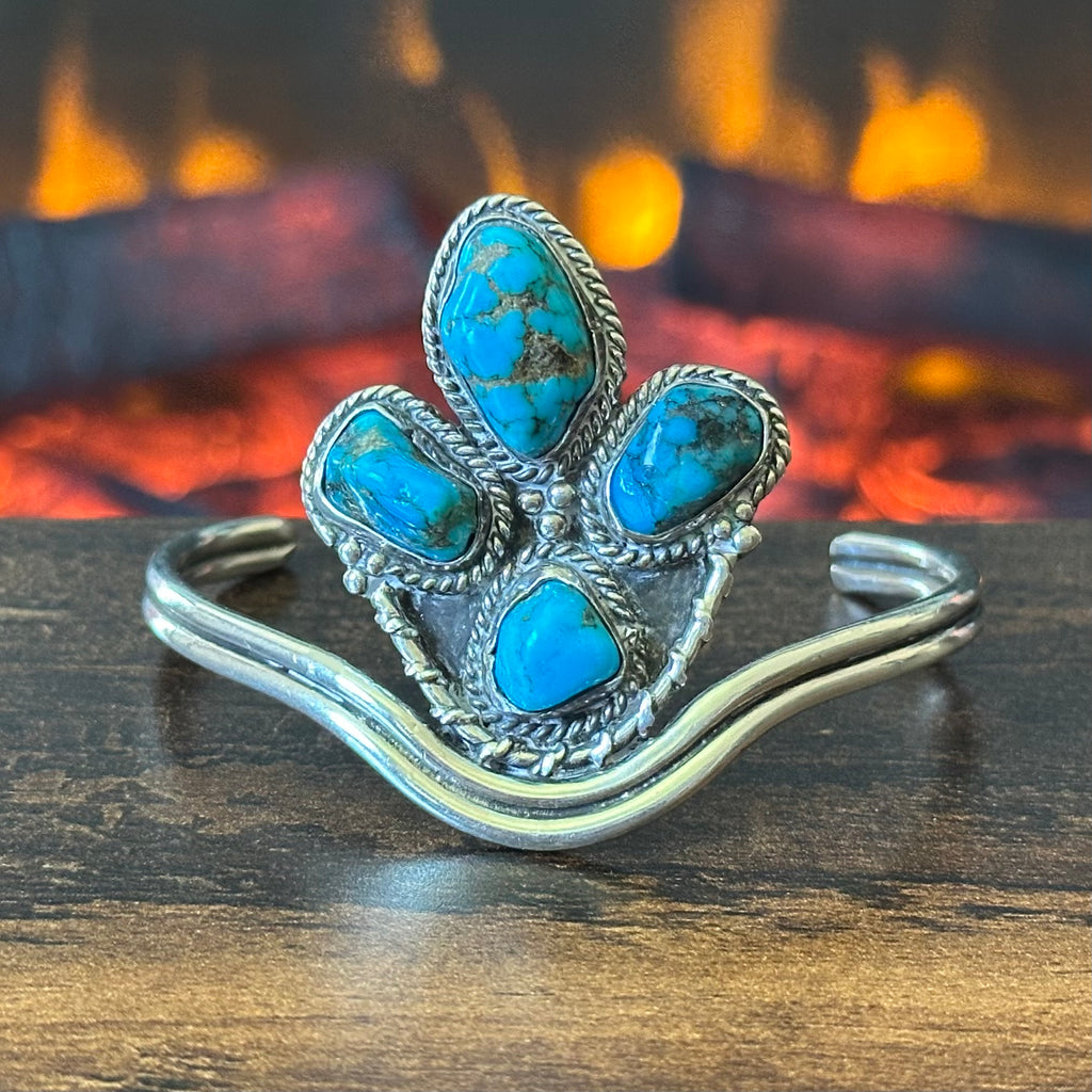 Pictogram Signed 4 Stone Turquoise Sterling Twist Wire Abstract Cuff