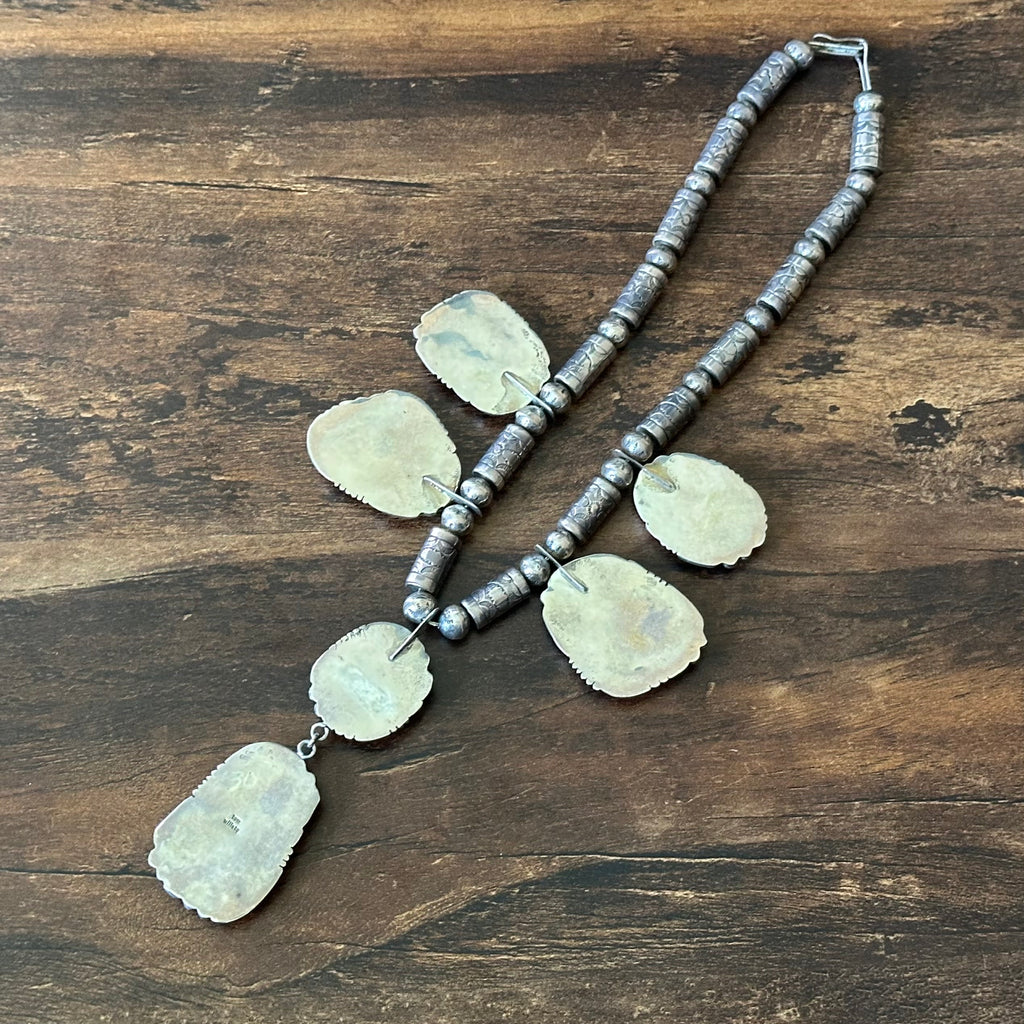 Navajo Tom Willeto Webbed Turquoise 6 Stone Sterling Handmade Stamped Cylinder Bead Statement Necklace