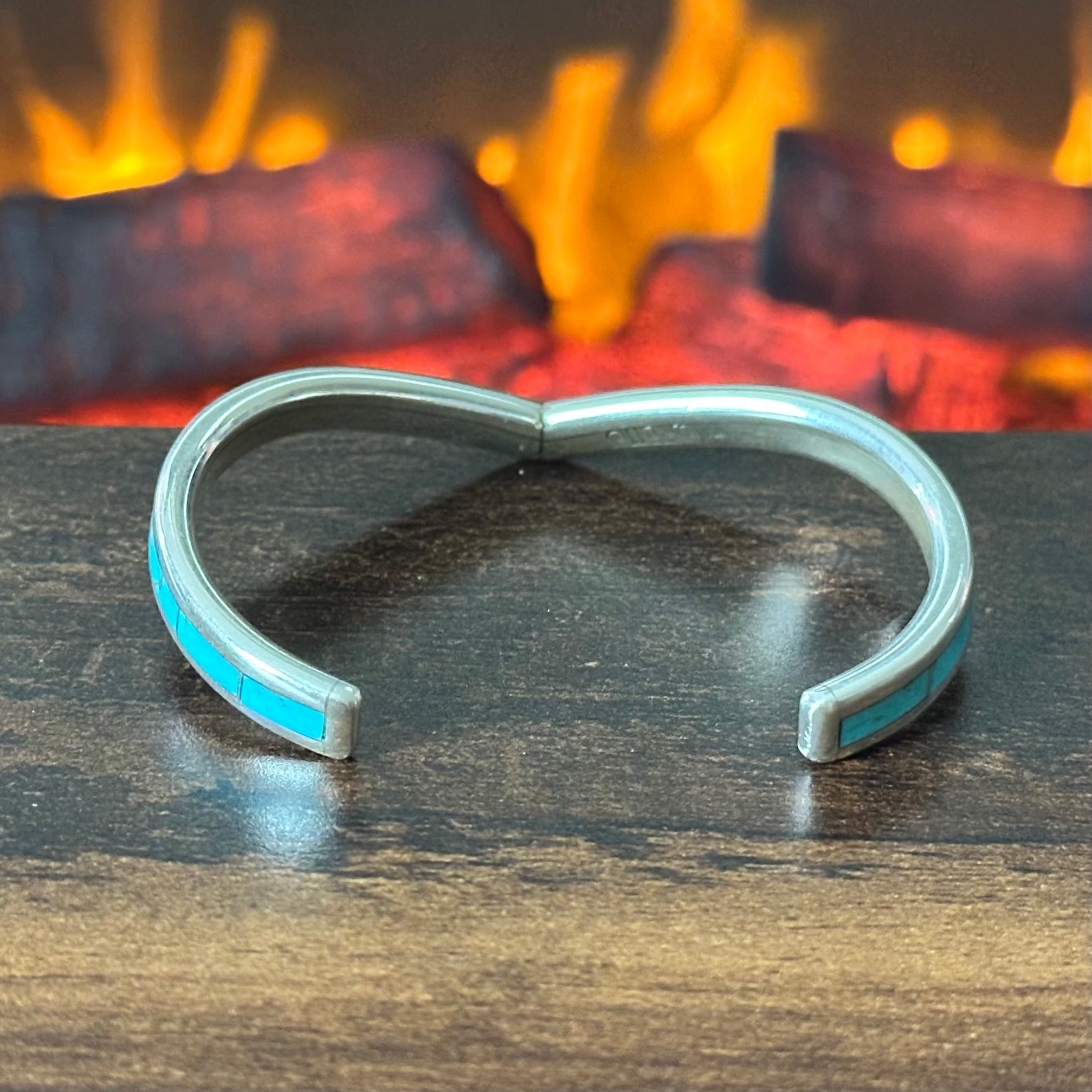 Zuni Larry Loretto Turquoise Sterling Inlay Chevron Cuff