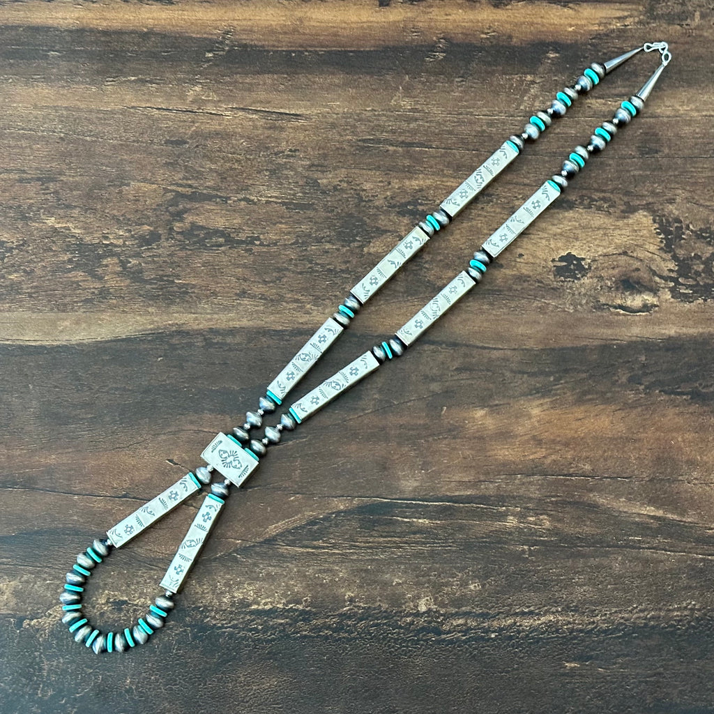 Navajo Tysha Aparicio Turquoise Sterling Handmade Rectangular Bead Stamped Necklace Earrings Set