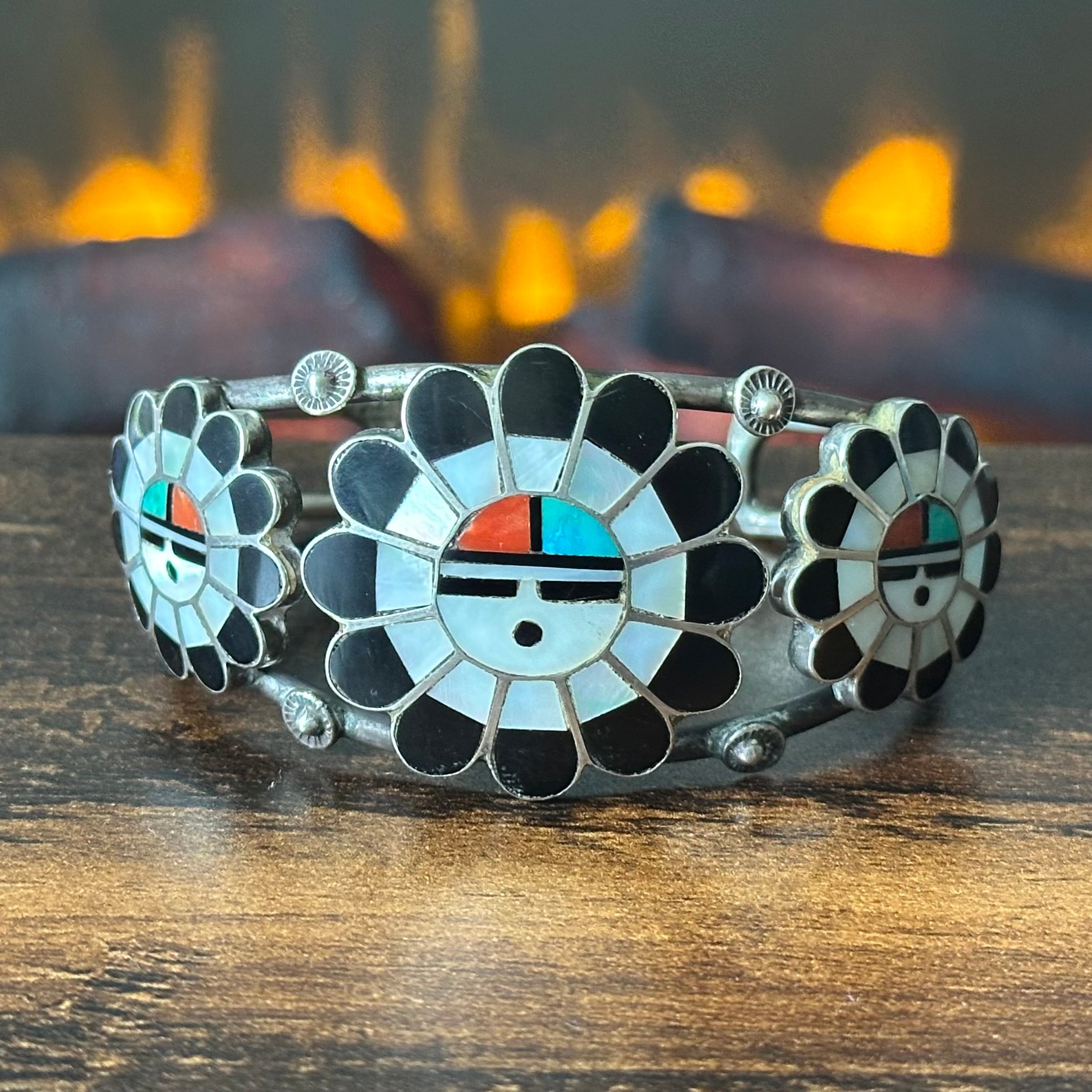 Vintage Zuni Morris Laahte Turquoise Red Coral MOP Jet Sterling Sunface Inlay Cuff