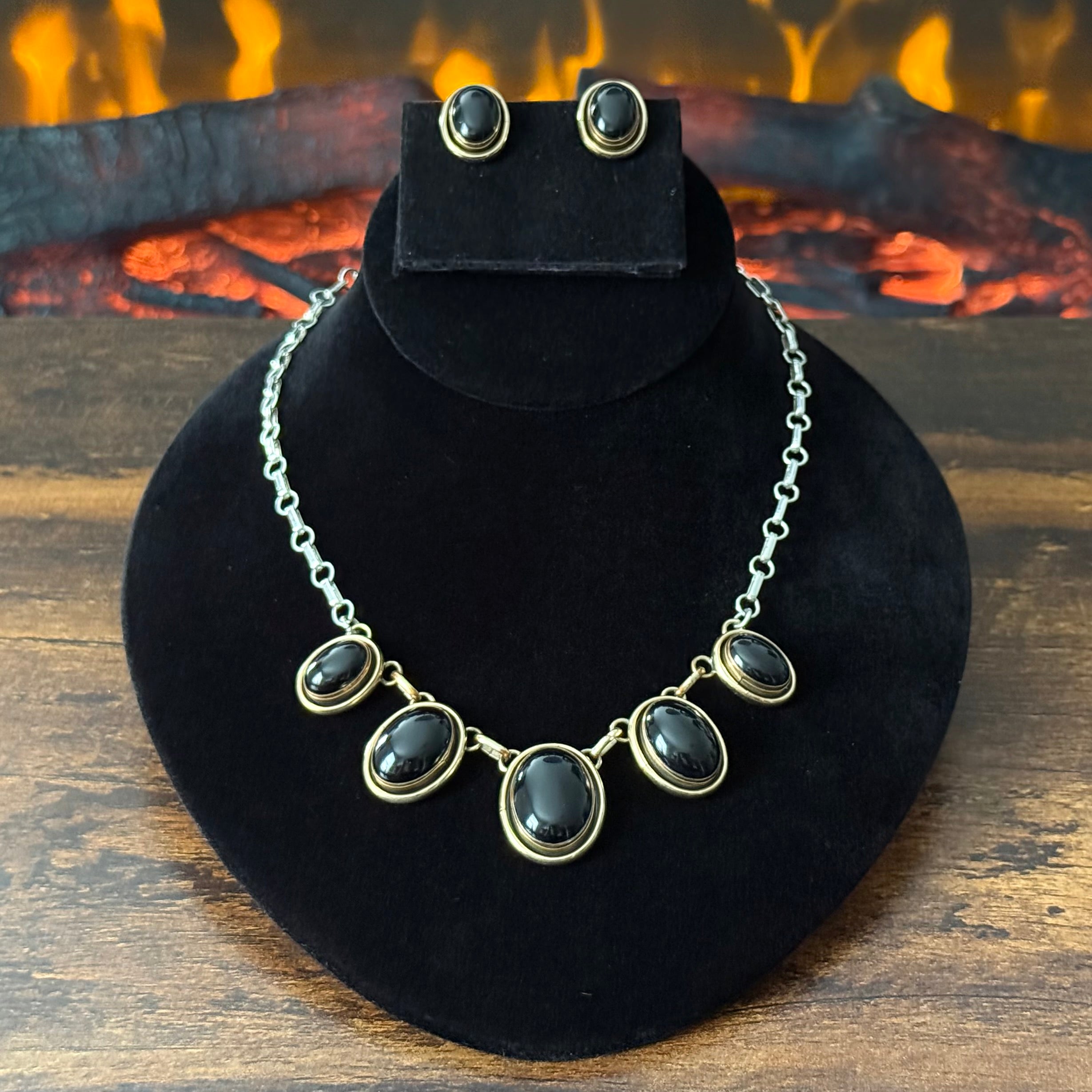 KB Signed Onyx 5 Stone Sterling 12k Gold Filled Station Necklace Clip-On Earrings Set