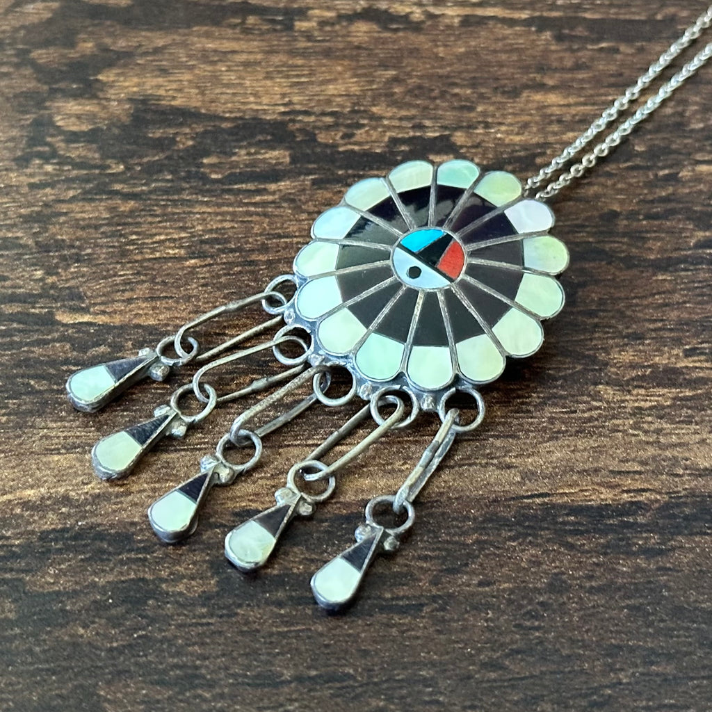 Turquoise Red Coral Jet MOP Sterling Sunface Inlay Tassel Pendant Necklace