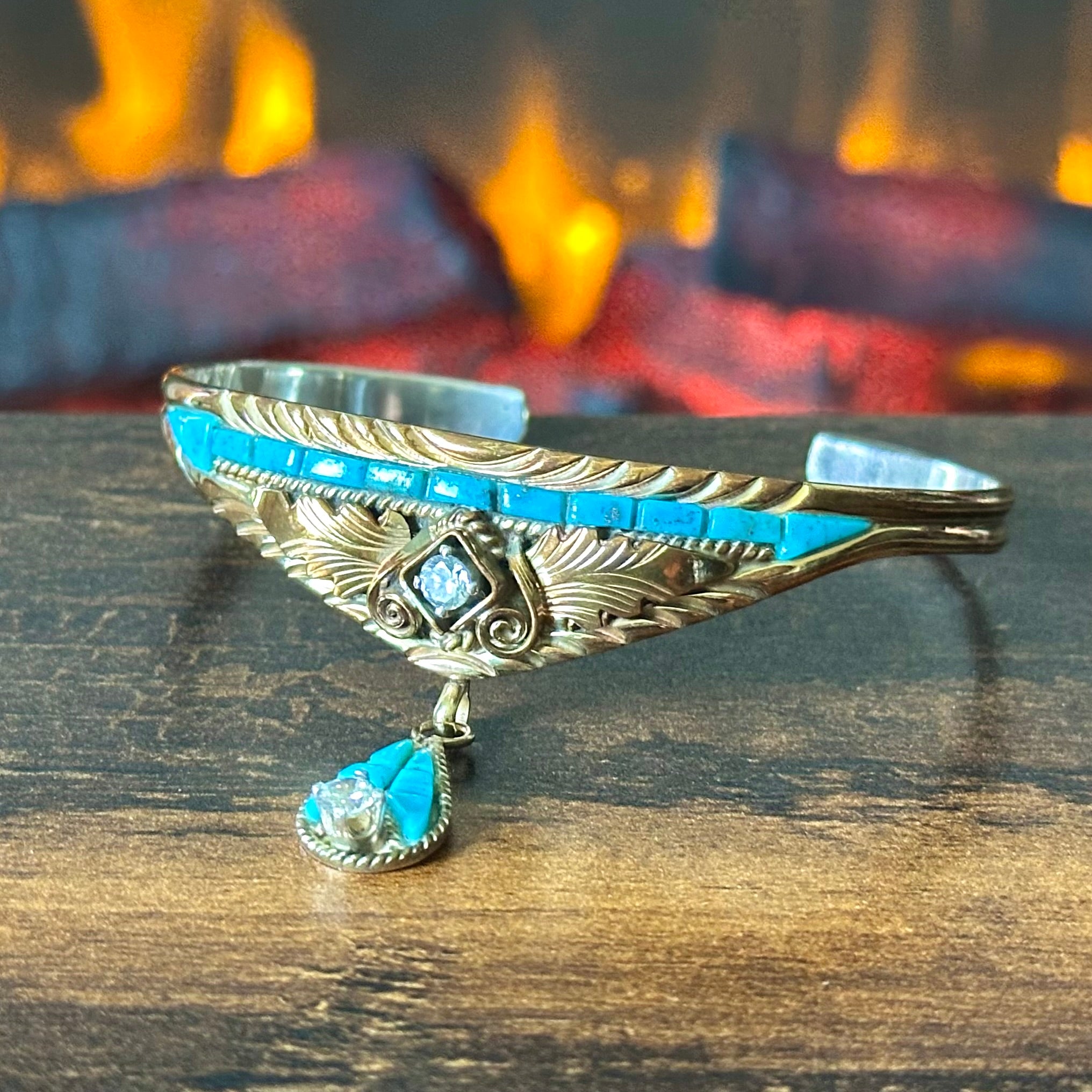 Silver Ray Turquoise Gold Over Sterling Ornate Inlay Cuff