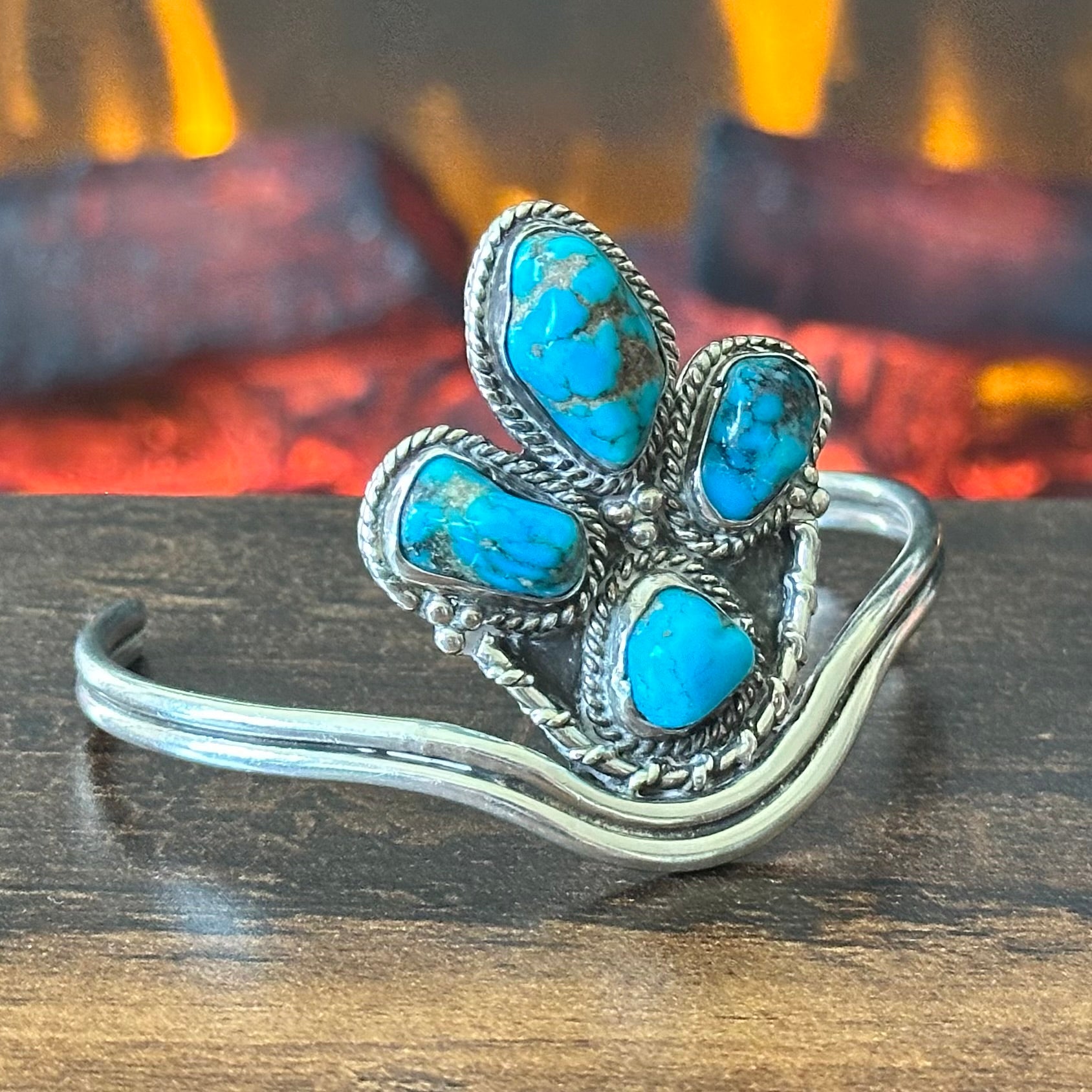 Pictogram Signed 4 Stone Turquoise Sterling Twist Wire Abstract Cuff