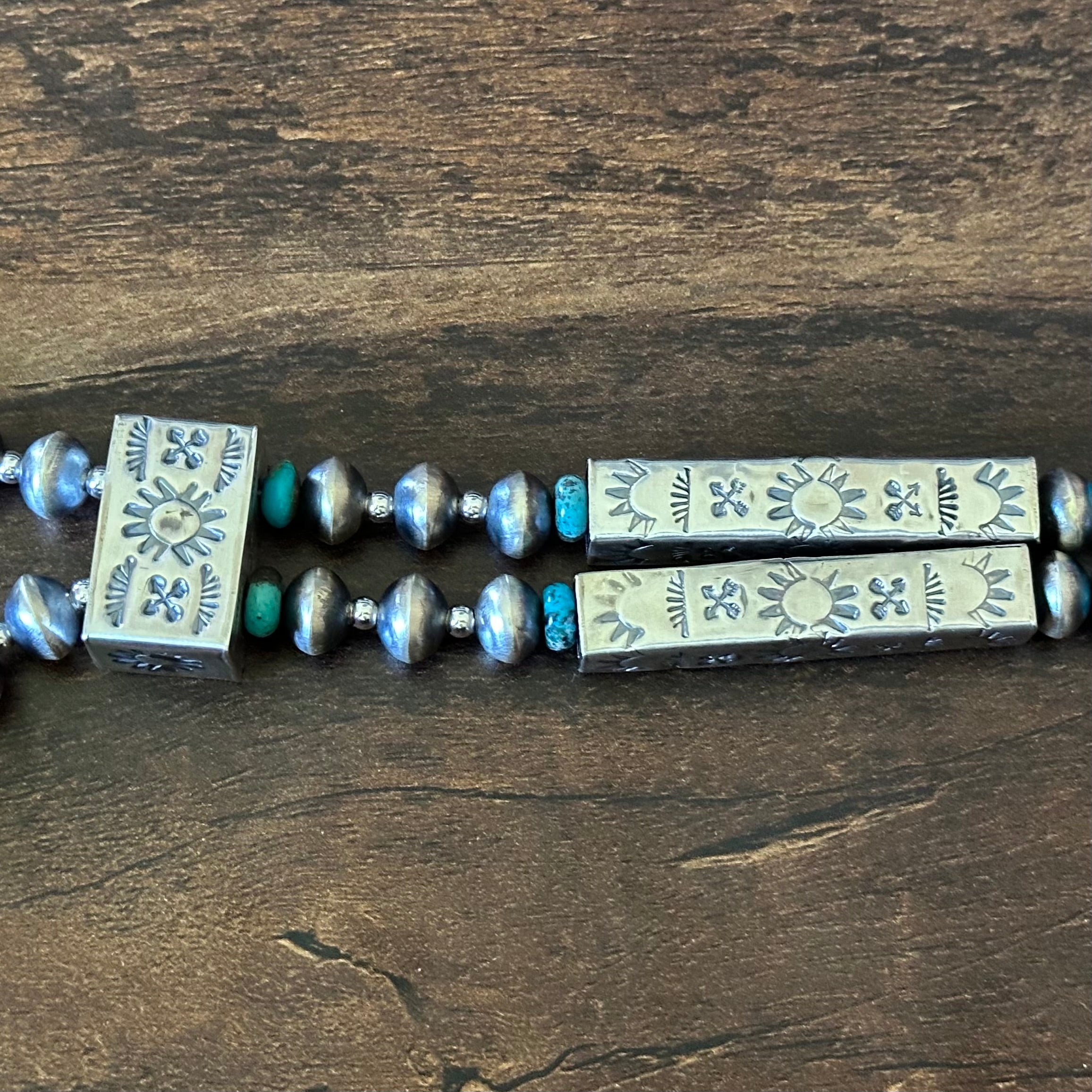 Navajo Tysha Aparicio Turquoise Sterling Handmade Rectangular Bead Stamped Necklace Earrings Set