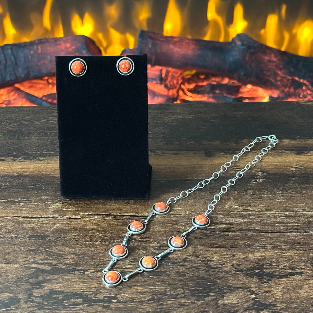 Navajo Martin Perry Spiny Oyster 7 Stone Sterling Shadowbox Station Necklace Earrings Set
