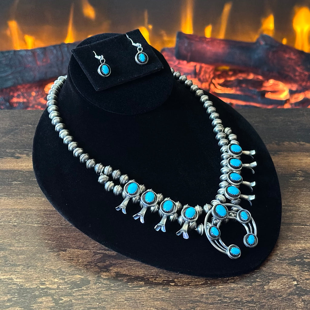 Navajo Phil & Lenora Garcia Sleeping Beauty Turquoise 13 Stone Sterling Oxidized Squash Blossom Necklace Earrings Set