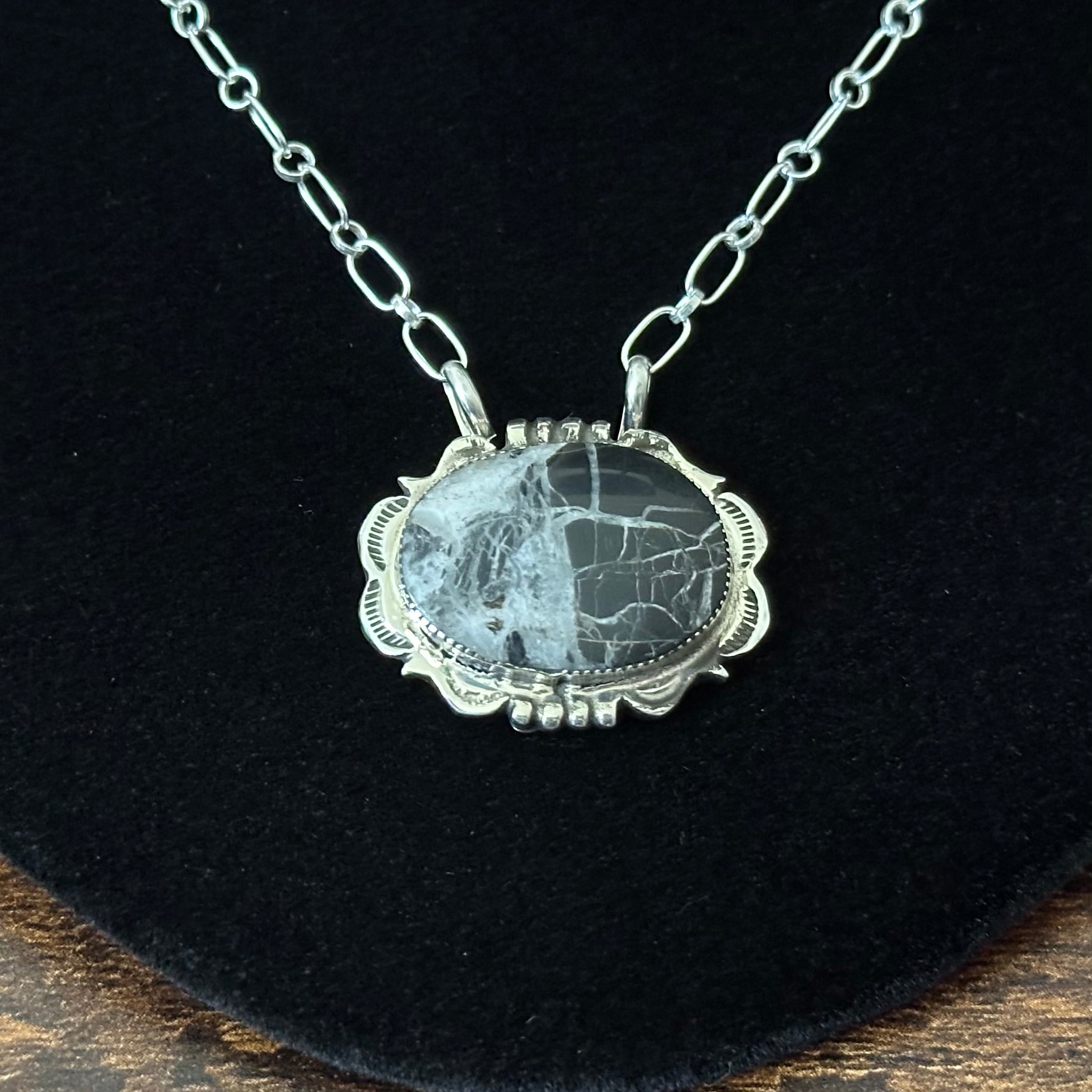 Navajo Leroy Silversmith White Buffalo Sterling Hand Stamped Pendant Necklace