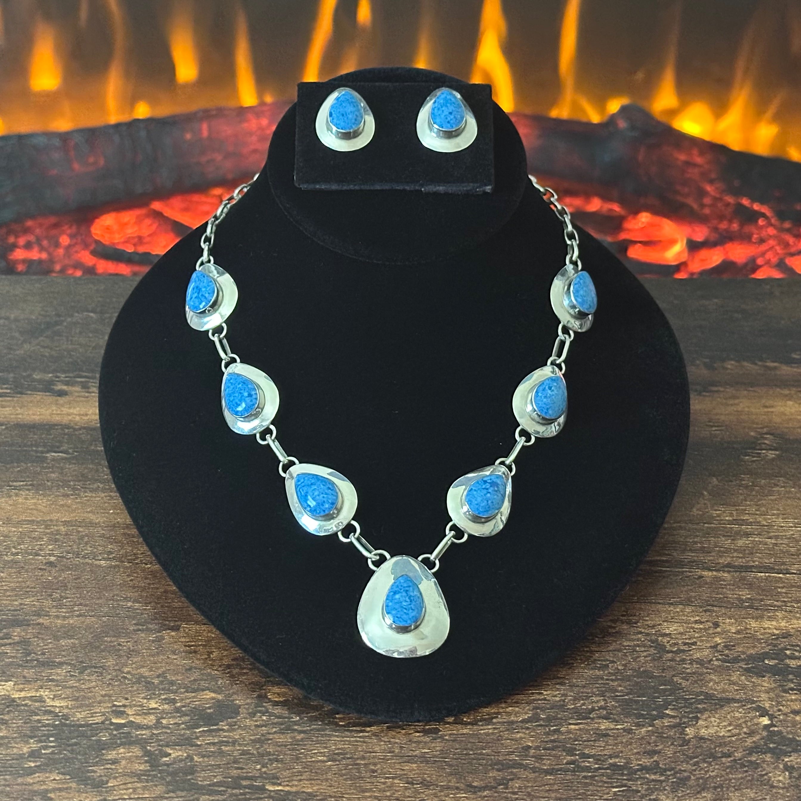 C Signed Sodalite 7 Stone Sterling Teardrop Station Necklace Earrings Set