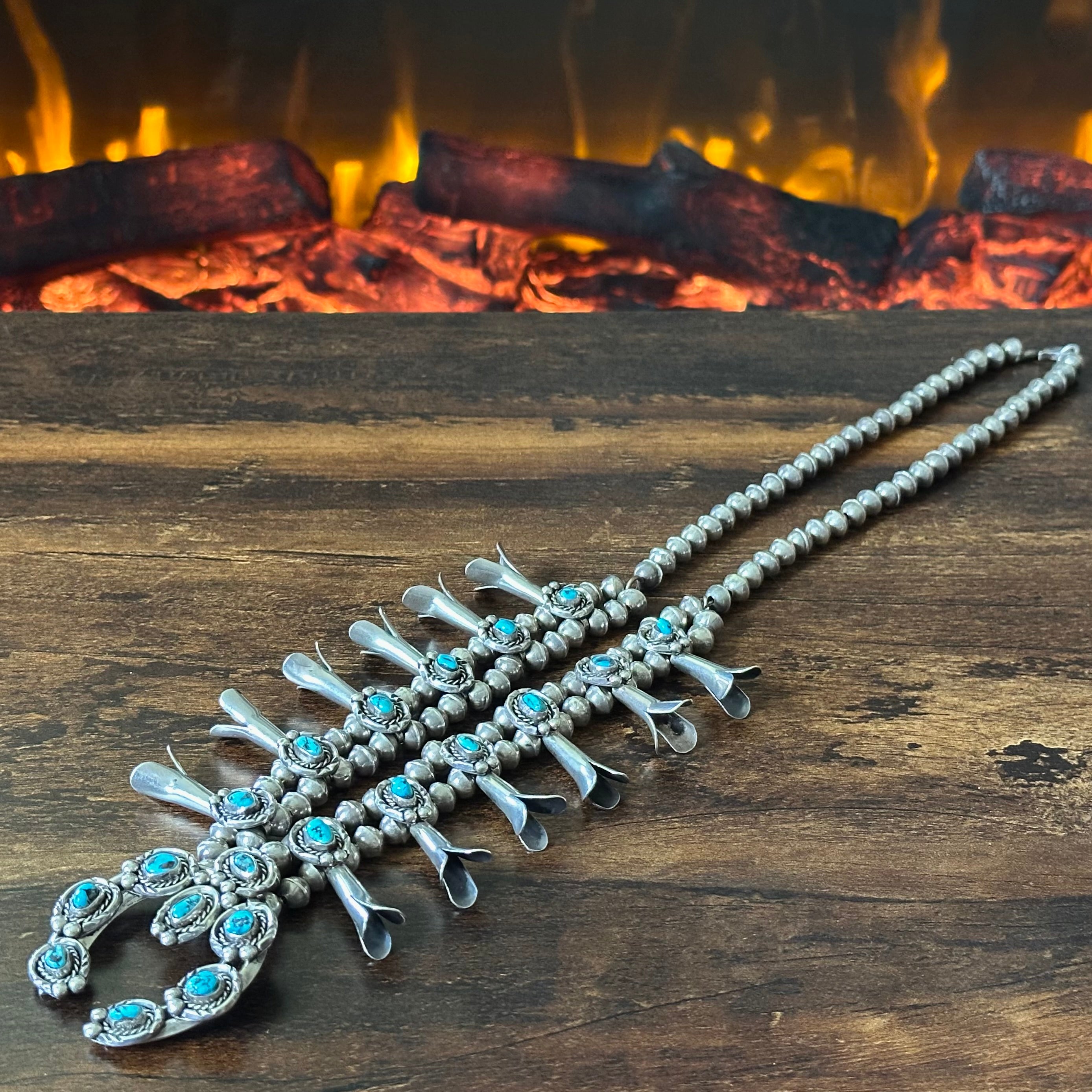 Turquoise 20 Stone Sterling Handmade Bead Twist Wire Bezel Squash Blossom
