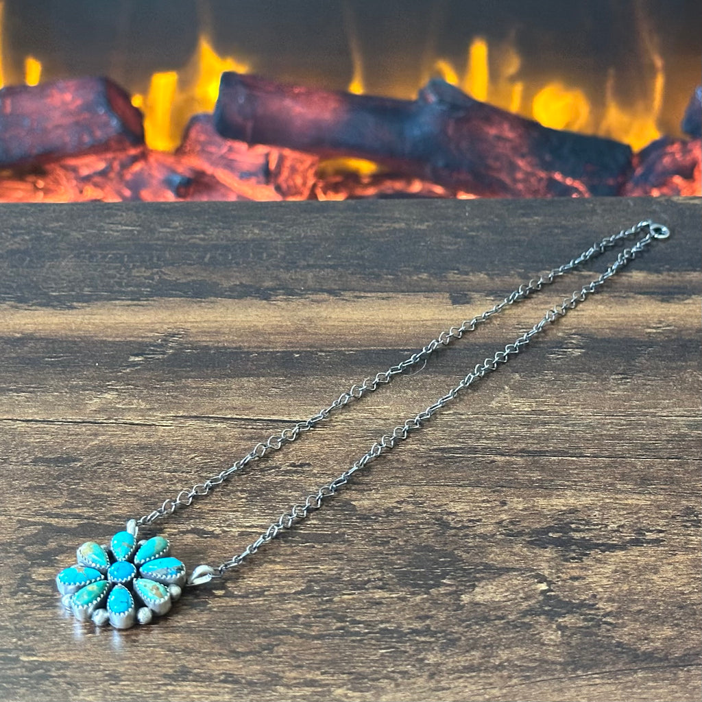 Navajo Judy Largo Turquoise 9 Stone Sterling Floral Cluster Pendant Necklace