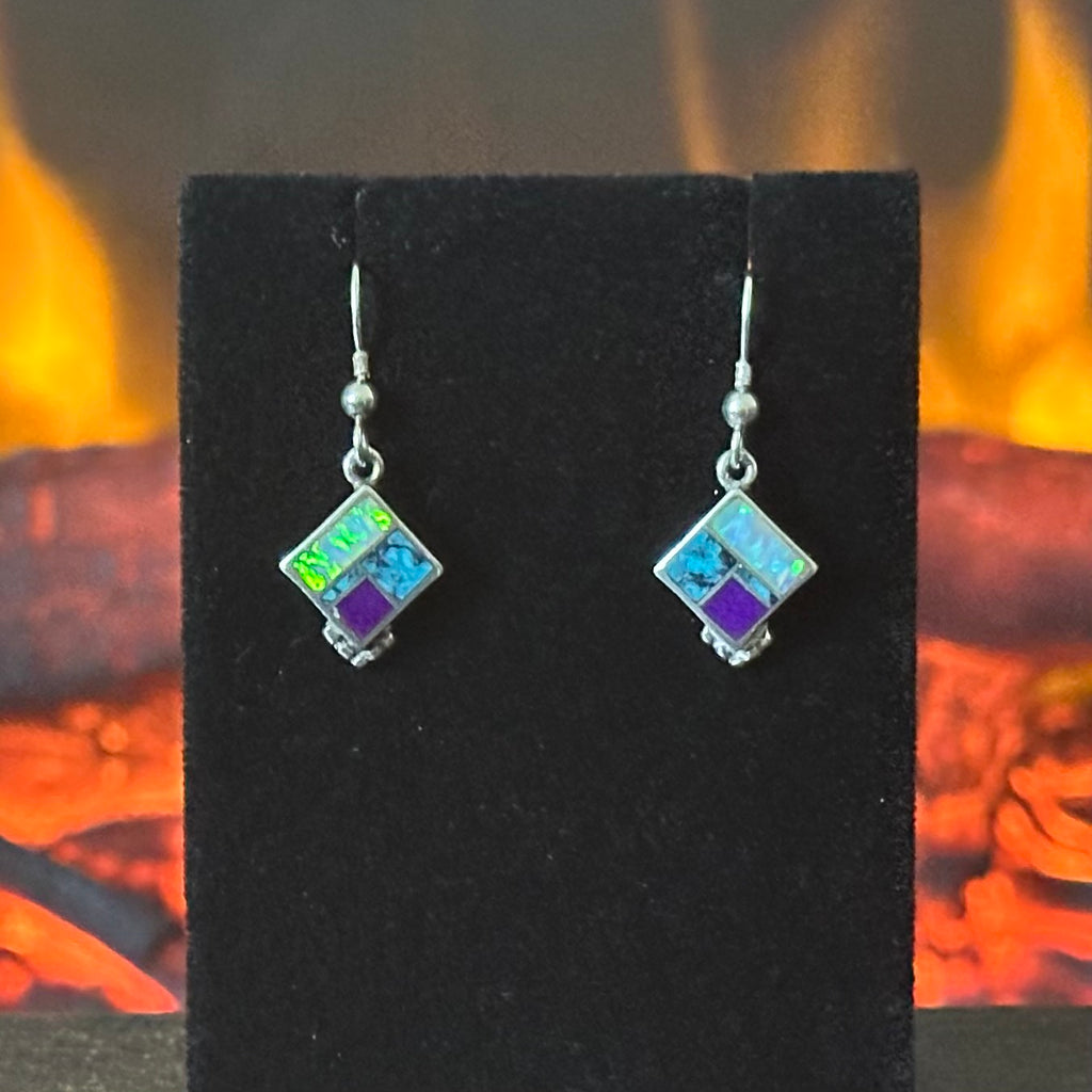 H Signed Supersmith Inc. Turquoise Sugilite Opal Sterling Inlay Chevron Necklace Earrings Set