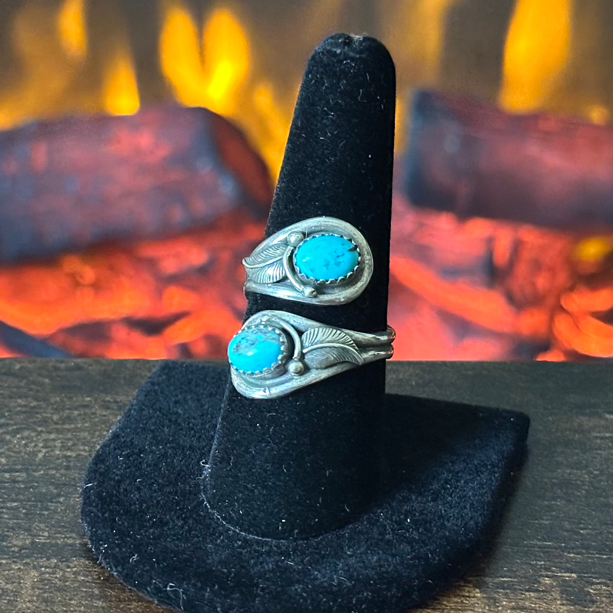 Navajo Genevieve Francisco Adjustable Kingman Turquoise Sterling Leaf Ring