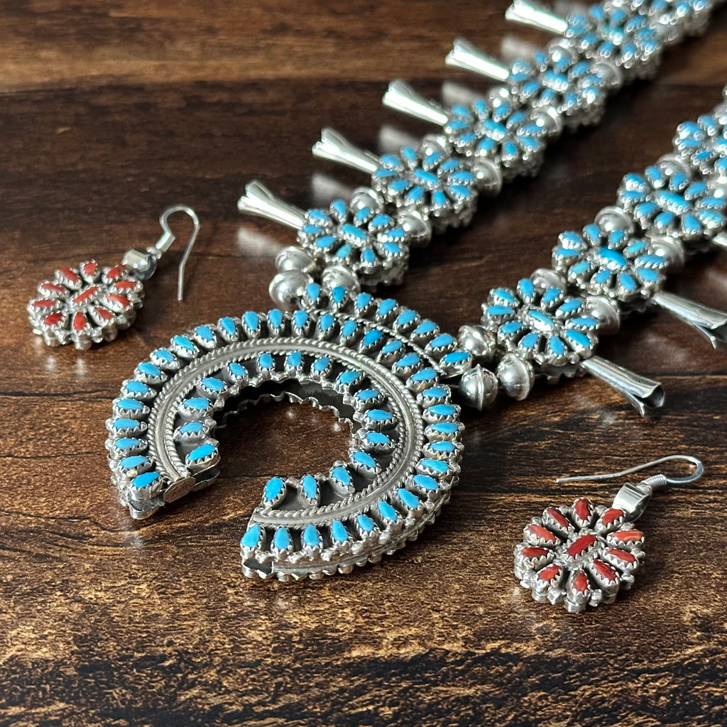 Navajo Elton James Reversible Turquoise Red Coral 376 Stone Sterling Petite Point Cluster Squash Blossom Necklace Earrings Set