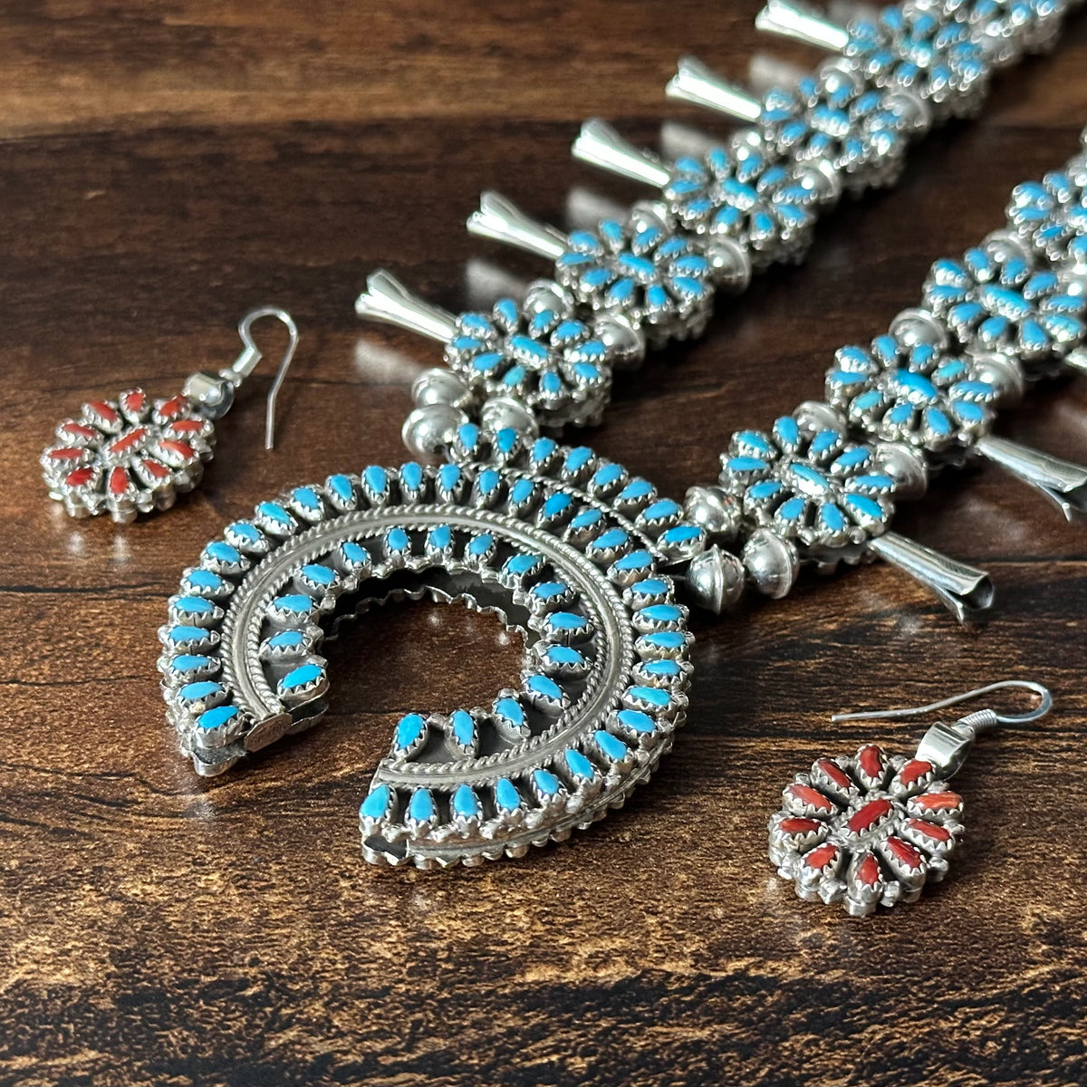 Navajo Elton James Reversible Turquoise Red Coral 376 Stone Sterling Petite Point Cluster Squash Blossom Necklace Earrings Set