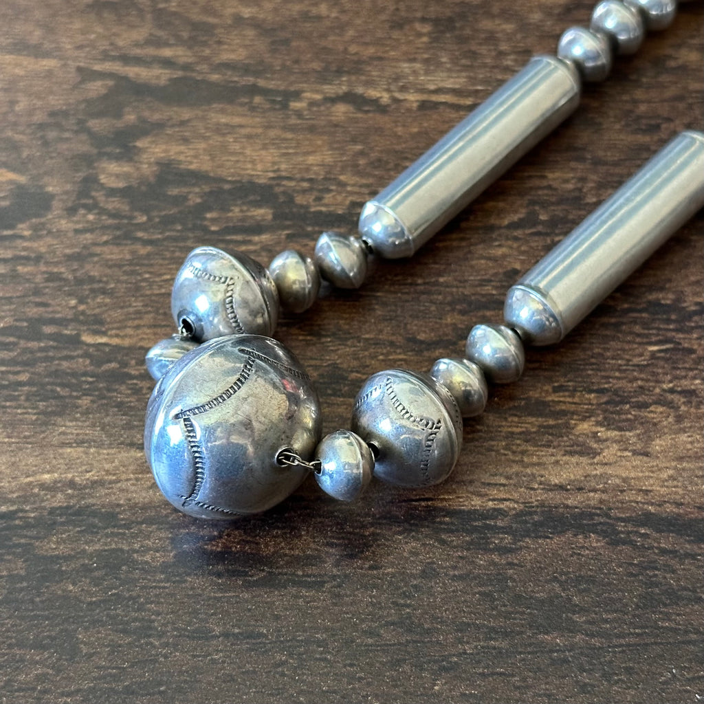 Sterling Handmade Hand Stamped Cylinder Bead Pearl Necklace