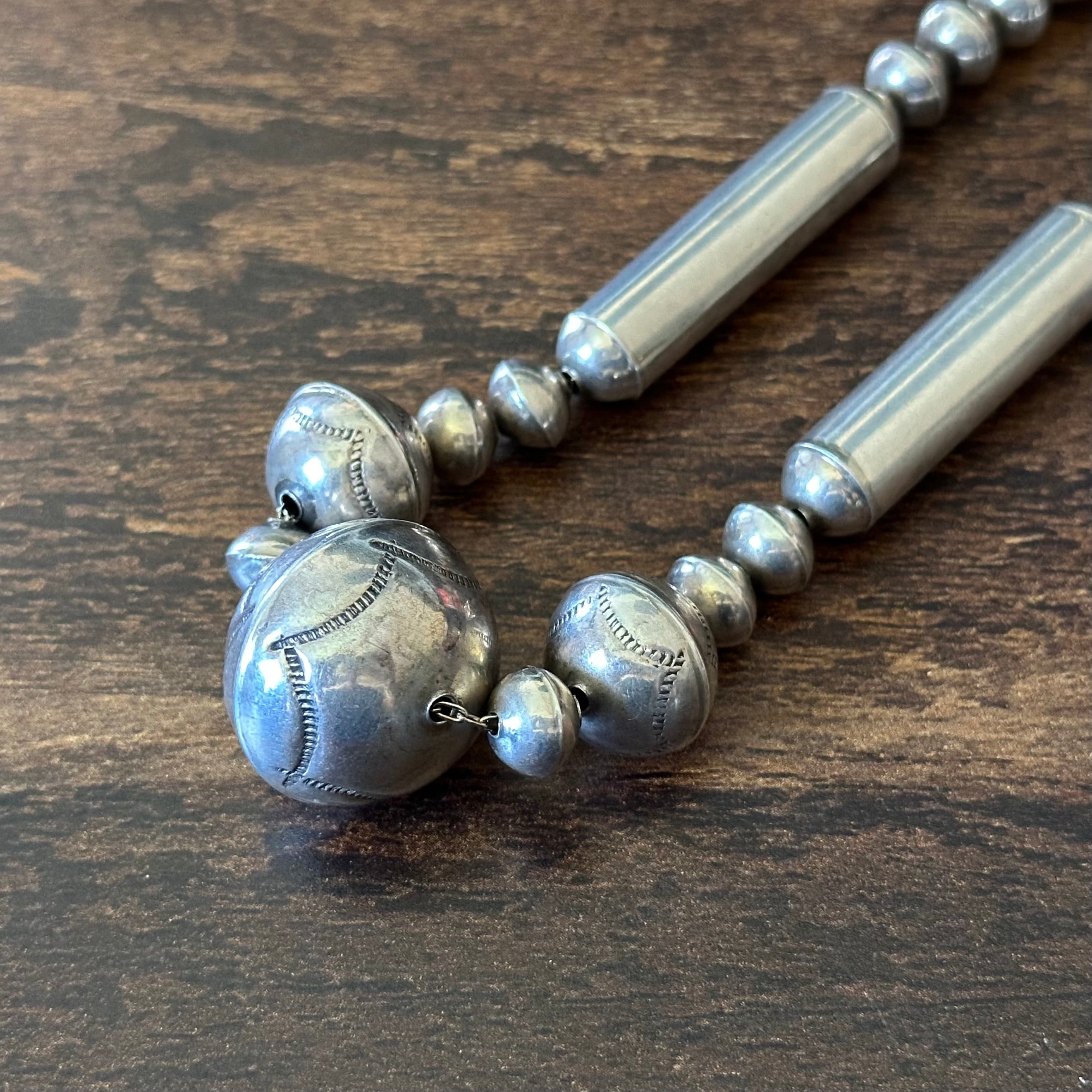 Sterling Handmade Hand Stamped Cylinder Bead Pearl Necklace