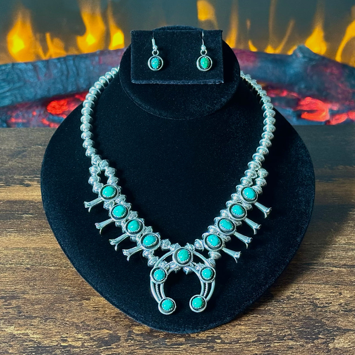 Navajo Phil & Lenora Garcia Sonoran Gold Turquoise 13 Stone Sterling Squash Blossom Necklace Earrings Set