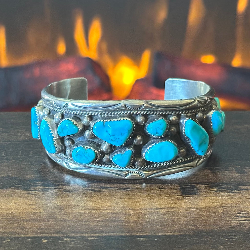 T Kinc Signed Chunky Turquoise 15 Stone Sterling Twist Wire Raindrop Statement Cuff