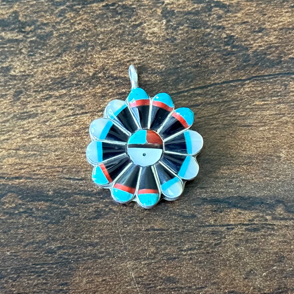 Turquoise Red Coral MOP Jet Sterling Sunface Inlay Reversible Pendant