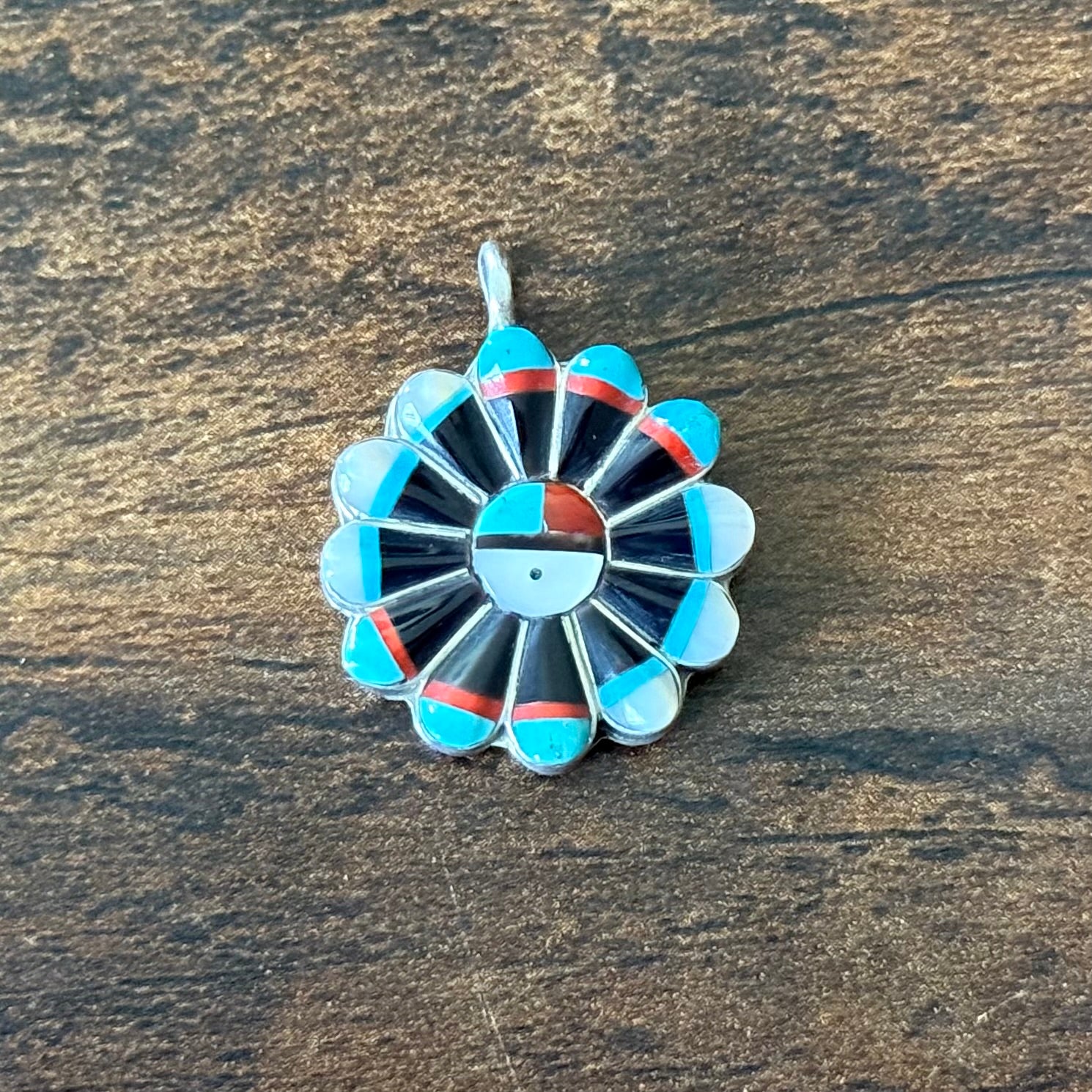 Turquoise Red Coral MOP Jet Sterling Sunface Inlay Reversible Pendant