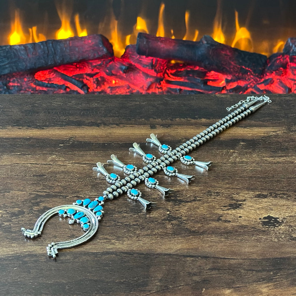 Navajo Jimmy Garcia Turquoise 19 Stone Sterling Raindrop Squash Blossom