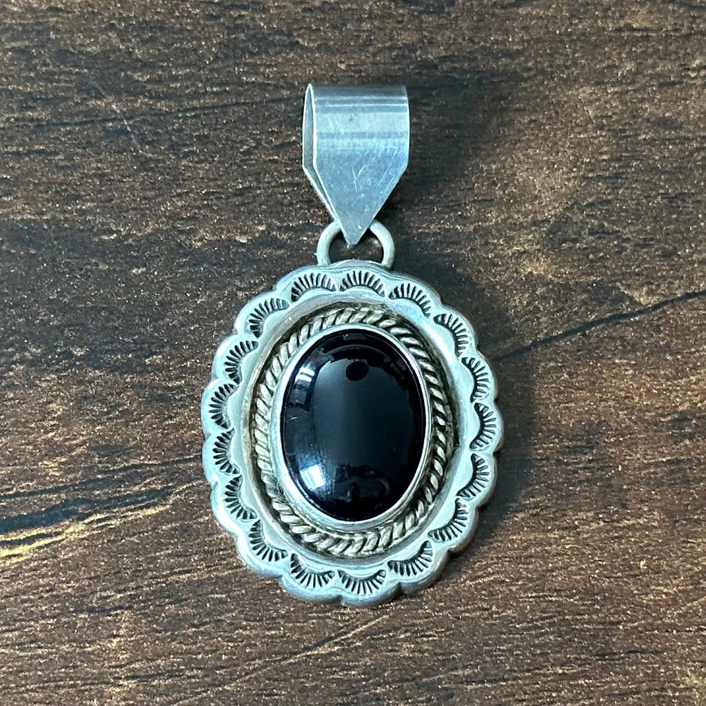 Navajo Julian Nez Onyx Sterling Hand Stamped Twist Wire Bezel Pendant