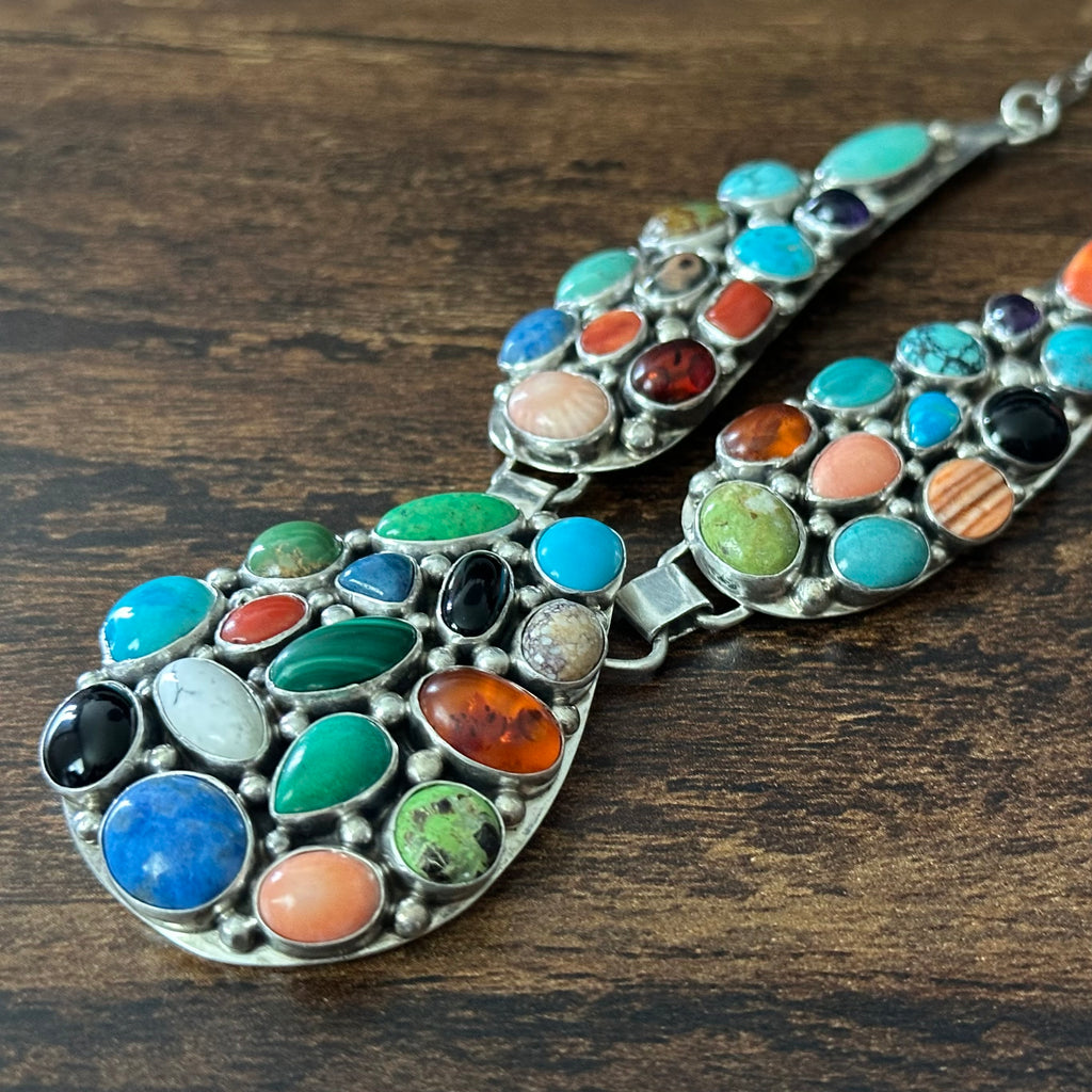 Navajo Emer Thompson Turquoise Onyx Amber Sodalite Red Coral Spiny Oyster Gaspeite Amethyst 40 Stone Sterling Cluster Teardrop Statement Necklace