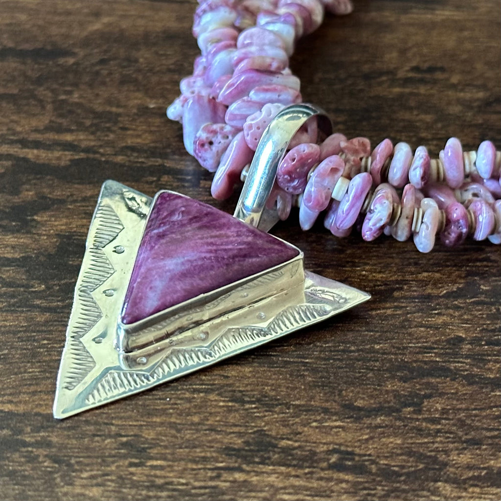 Kewa Emilio & Marguerite Chavez Turquoise Purple Spiny Oyster Sterling Heishi Triple Strand Pendant Necklace