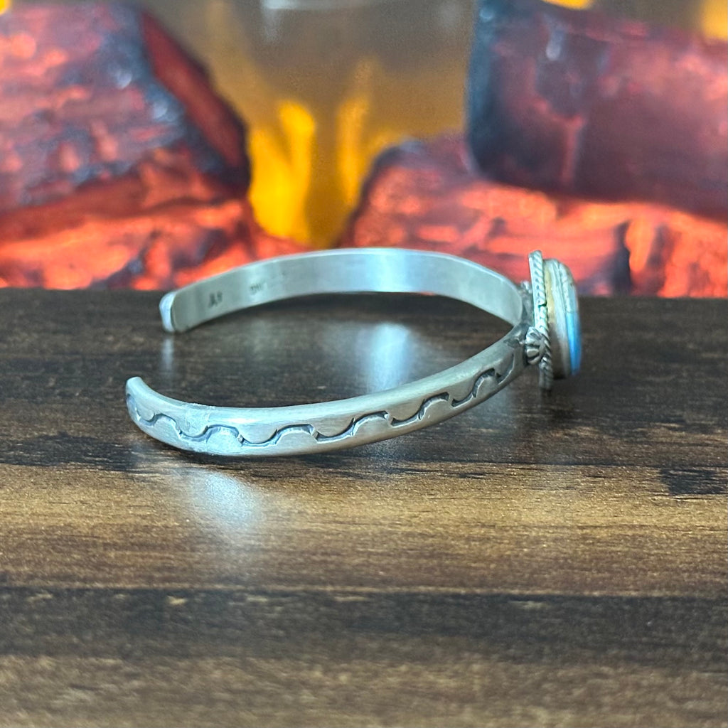 Navajo Samuel Yellowhair Golden Hills Turquoise Sterling Hand Stamped Cuff