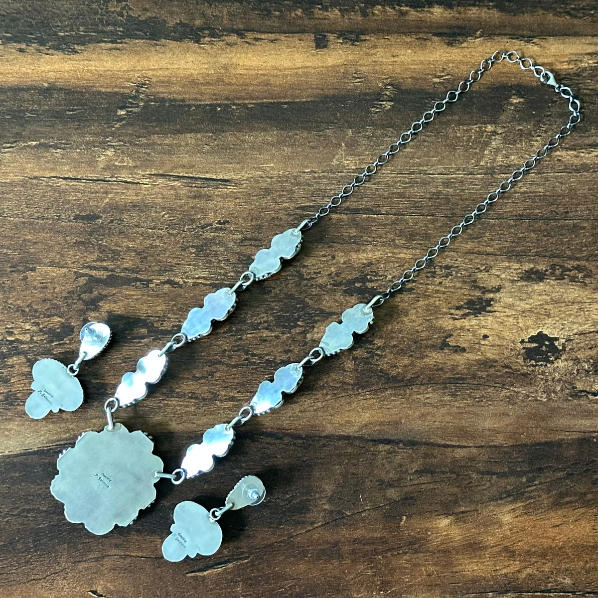 Navajo Pansy Johnson Royston Turquoise 23 Stone Sterling Hand Stamped Cluster Statement Necklace Earrings Set