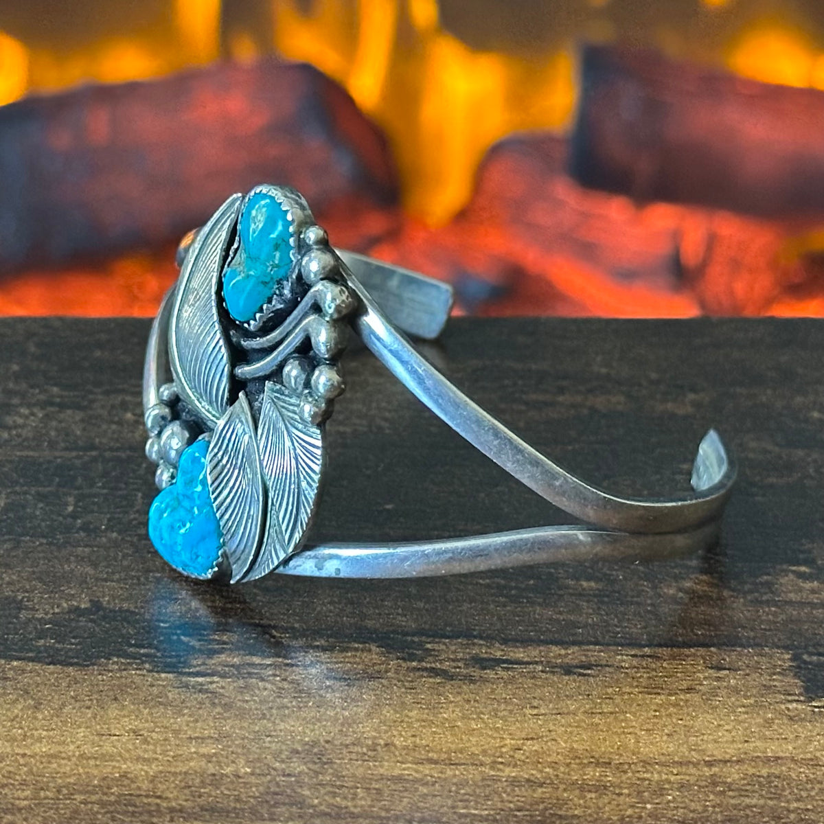LA Signed Turquoise Sterling Raindrop Leaf Statement Cuff