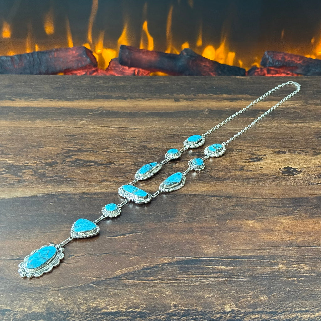 Running Bear Trading Turquoise 10 Stone Sterling Hand Stamped Twist Wire Bezel Lariat