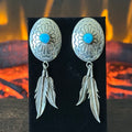Turquoise Sterling Hand Stamped Concho Feather Stud Dangle Earrings