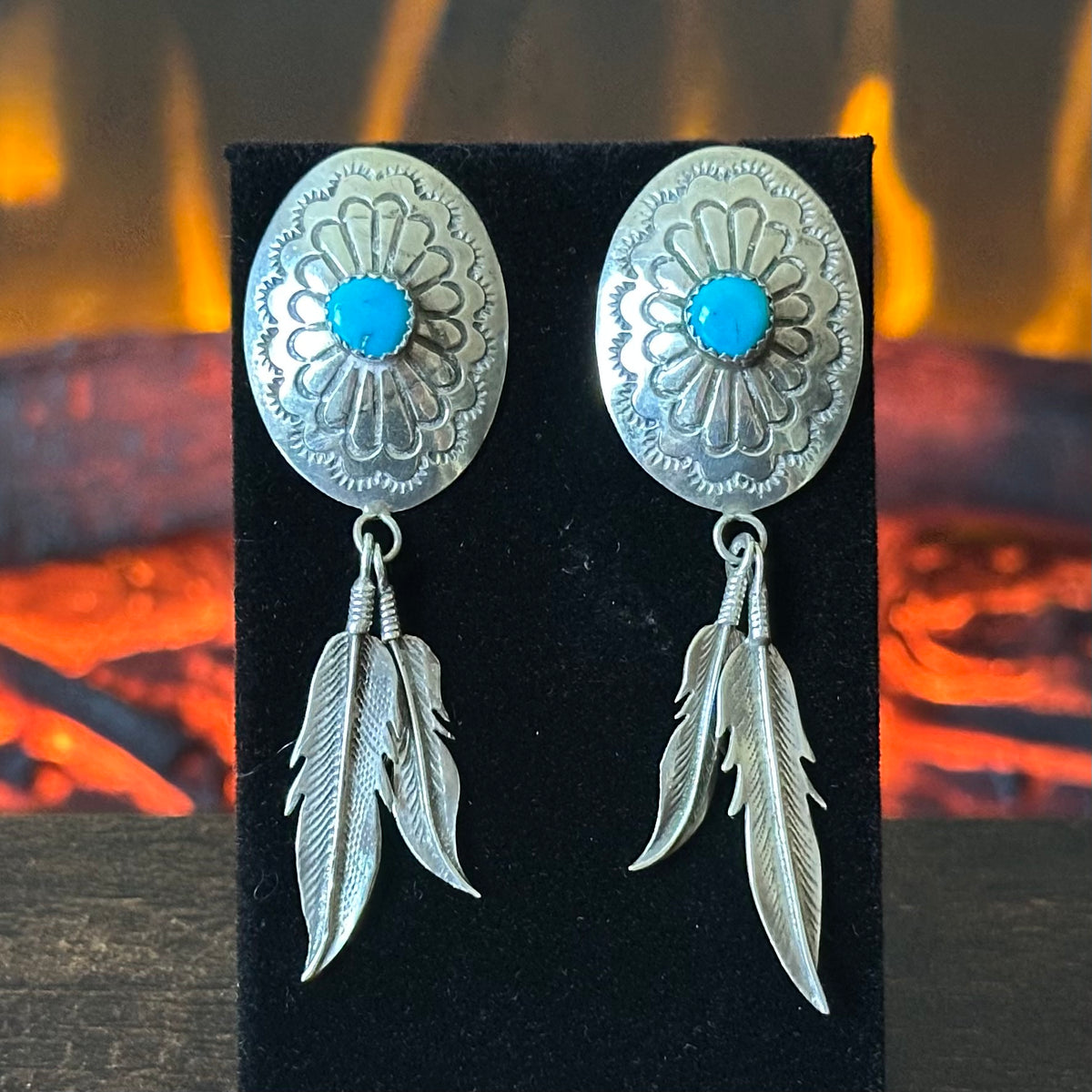 Turquoise Sterling Hand Stamped Concho Feather Stud Dangle Earrings
