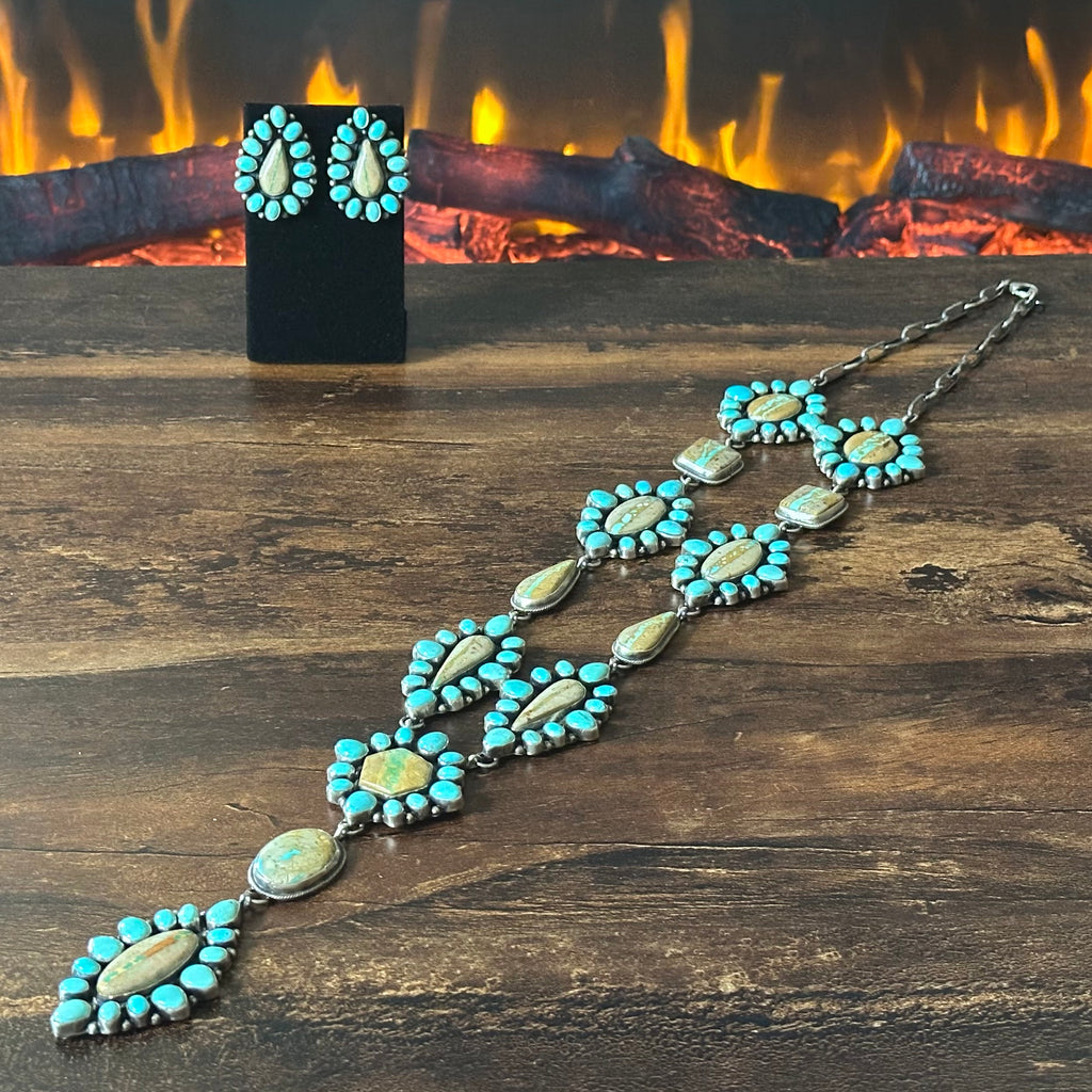 Navajo Sheila Tso Royston Ribbon Turquoise 133 Stone Cluster Lariat Necklace Earrings Set