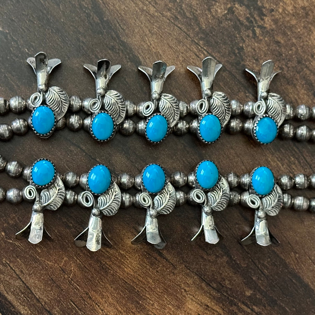 Navajo Wayne Etsitty Vintage Turquoise 18 Stone Sterling Leaf Squash Blossom Necklace