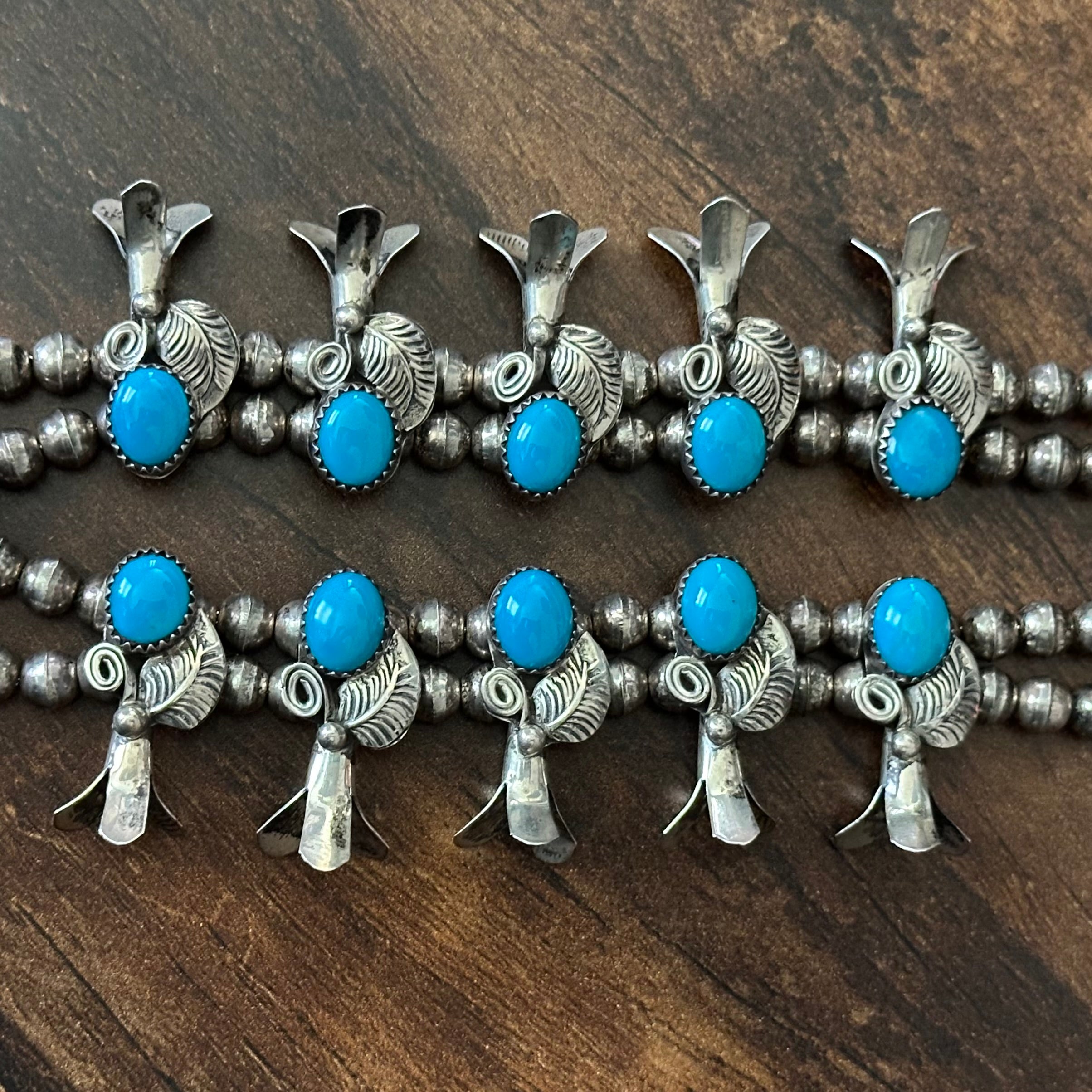 Navajo Wayne Etsitty Vintage Turquoise 18 Stone Sterling Leaf Squash Blossom Necklace
