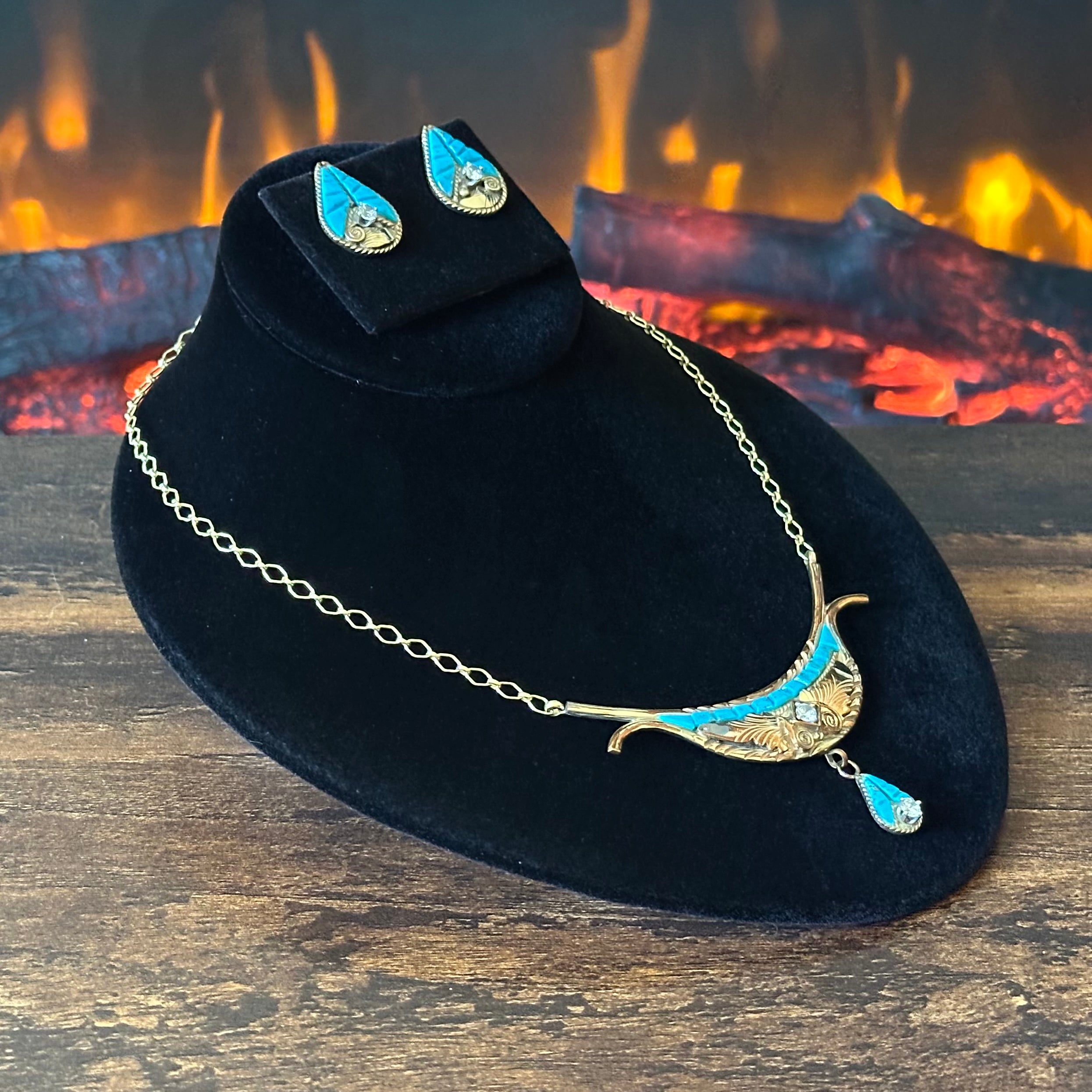 Silver Ray Turquoise Gold Over Sterling Ornate Inlay Necklace Earrings Set