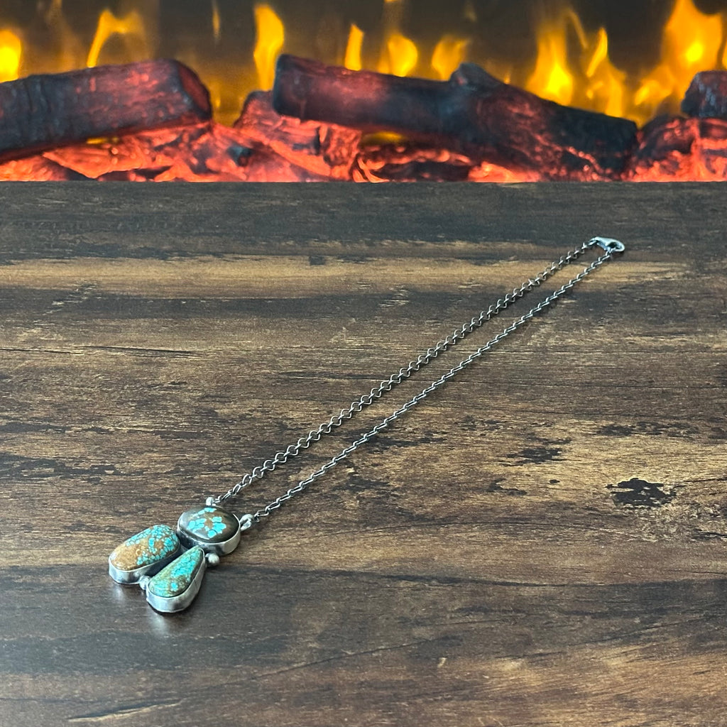 Navajo LeTricia Largo Mine #8 Turquoise 3 Stone Sterling Raindrop Pendant Necklace