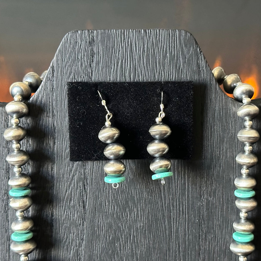 Navajo Tysha Aparicio Turquoise Sterling Handmade Floral Cylinder Bead Stamped Necklace Earrings Set