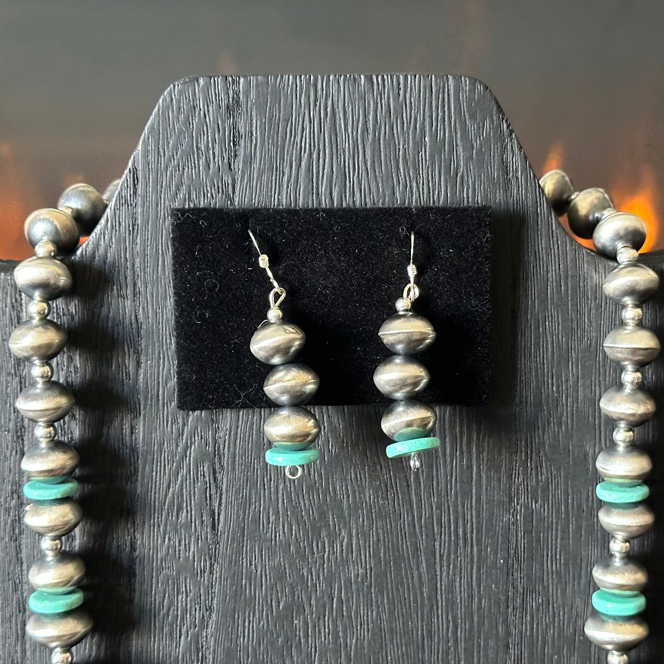 Navajo Tysha Aparicio Turquoise Sterling Handmade Floral Cylinder Bead Stamped Necklace Earrings Set
