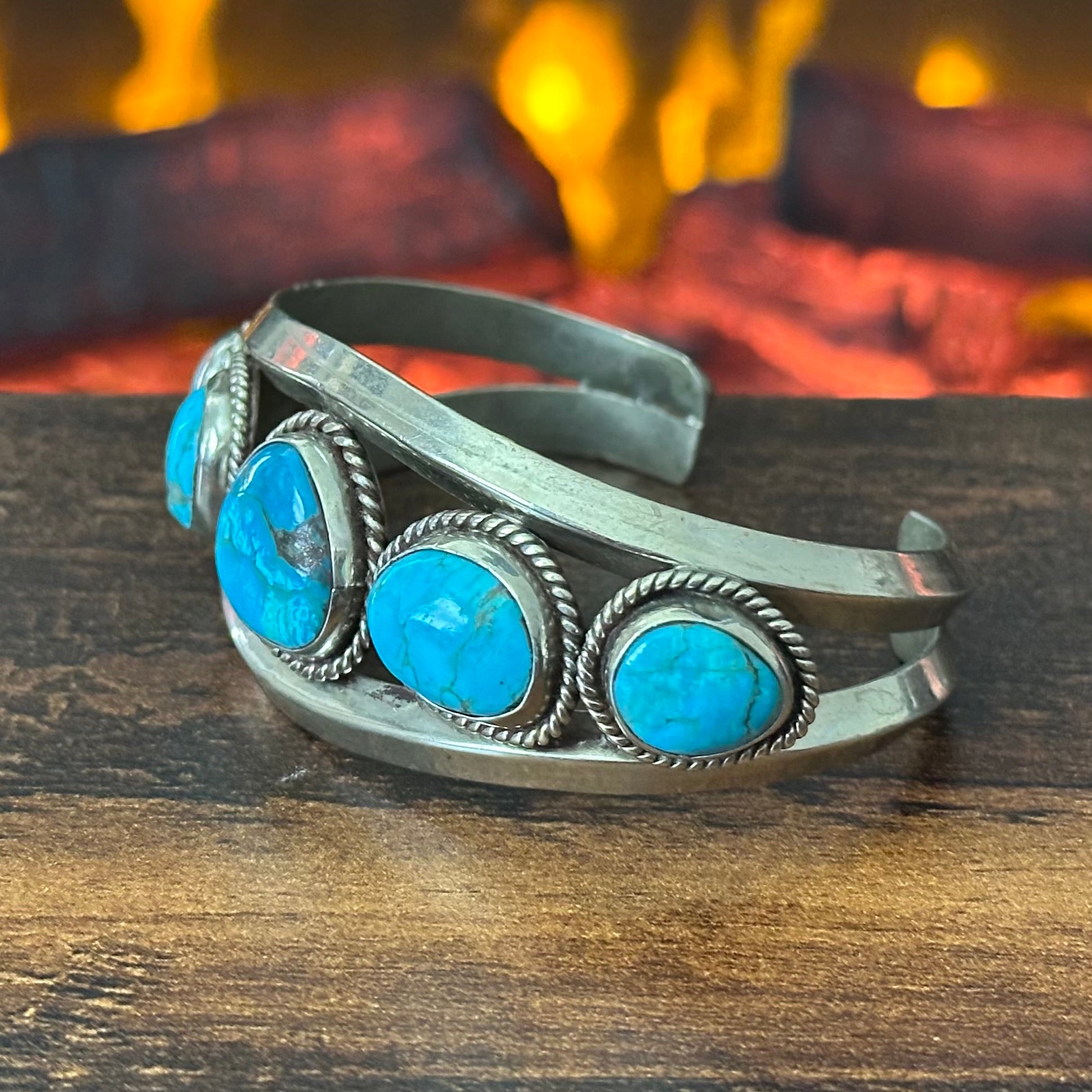 Navajo Norman Lee Turquoise 5 Stone Sterling Carinated Dual Shank Cuff